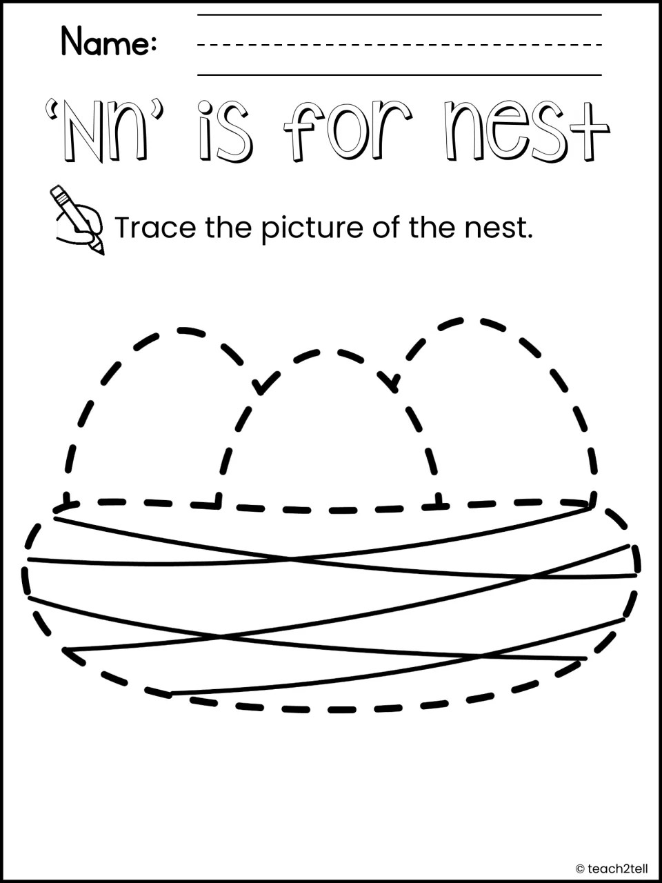 'Nn' is for nest: students trace a dashed outline of a nest holding three eggs, pairing the letter N with the word nest