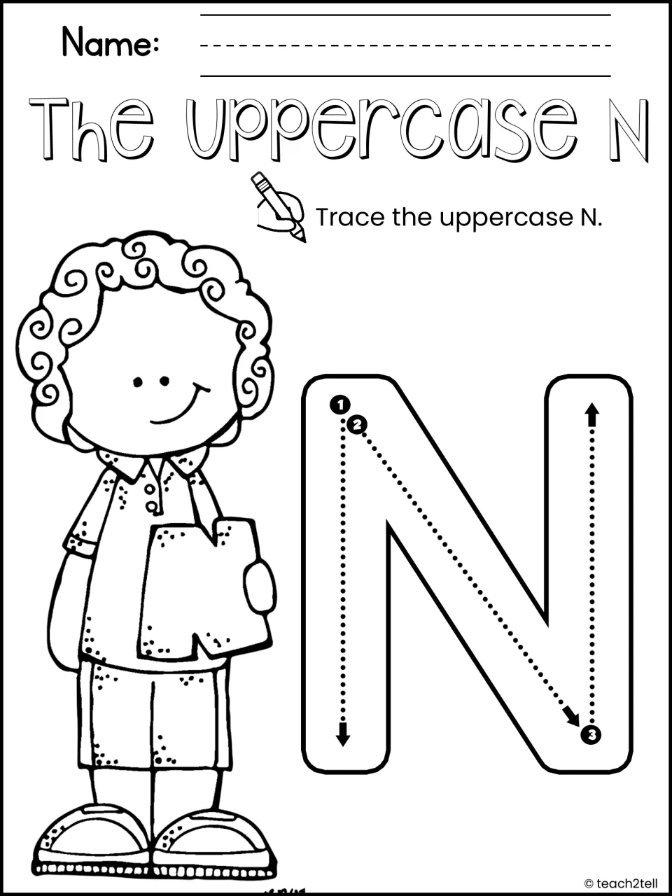 The Uppercase N: students trace a large N following numbered arrows 1 to 3 to practise correct capital letter formation