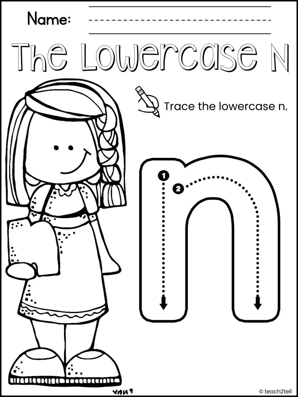 The Lowercase N: students trace a large n following two numbered dotted strokes to practise lowercase letter formation