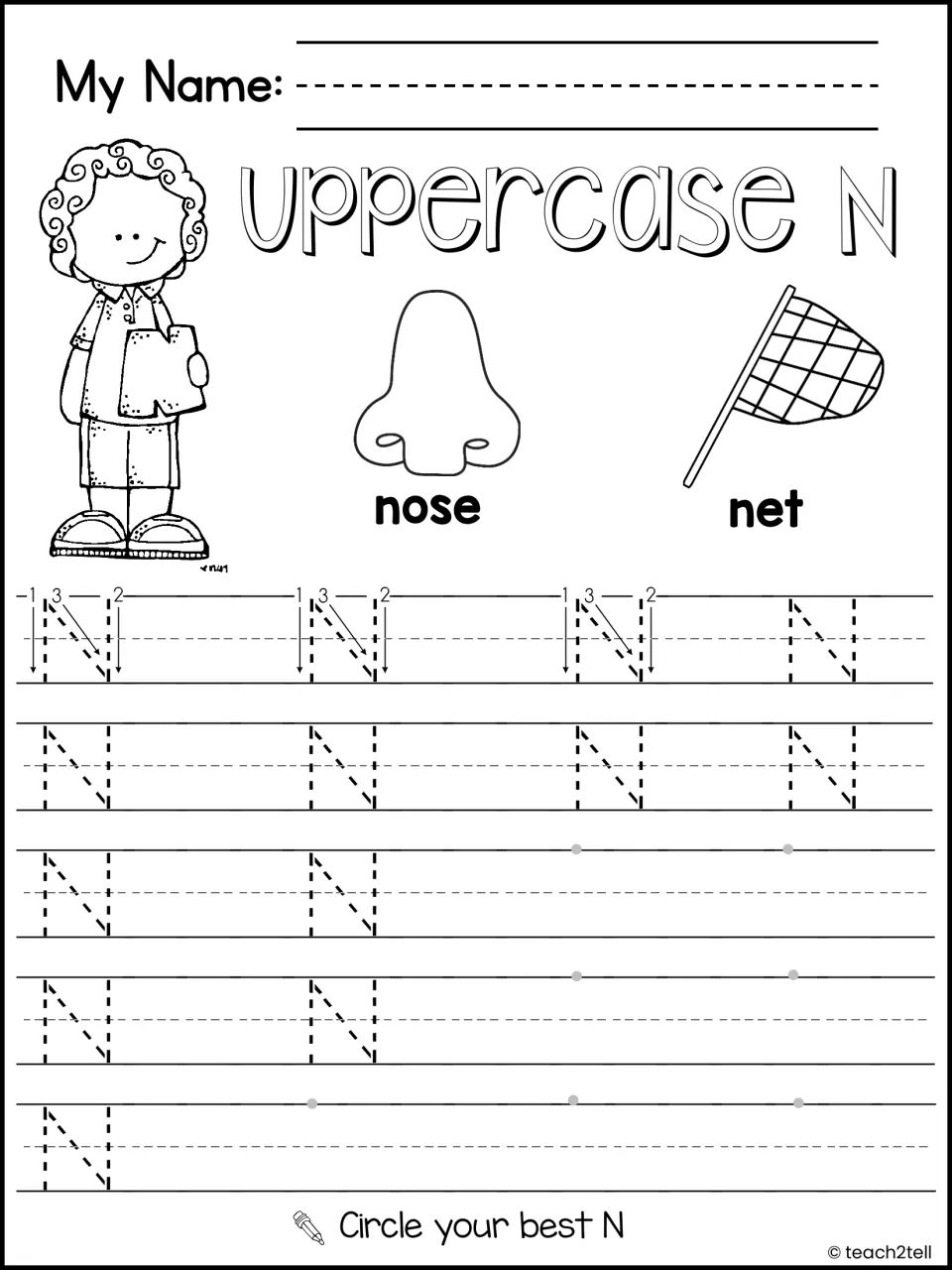 Uppercase N handwriting with nose and net pictures: students trace dashed capital N rows, write more and circle their best