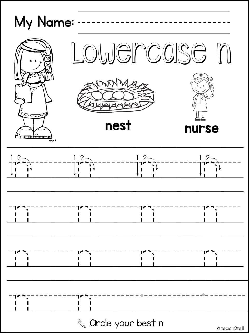 Lowercase n handwriting with nest and nurse pictures: students trace dashed n rows, write more and circle their best