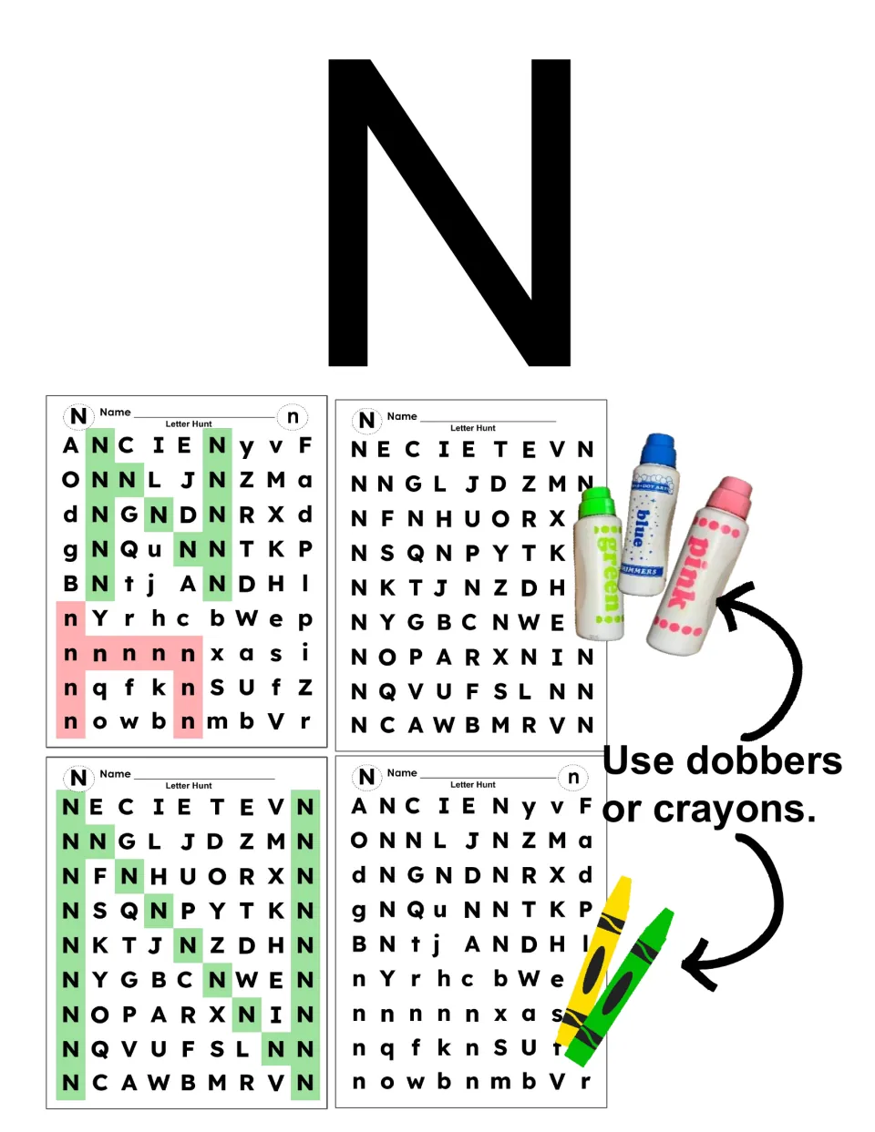 Letter N cover: a large capital N above four sample letter hunt sheets, with dot markers and crayons suggested for coloring
