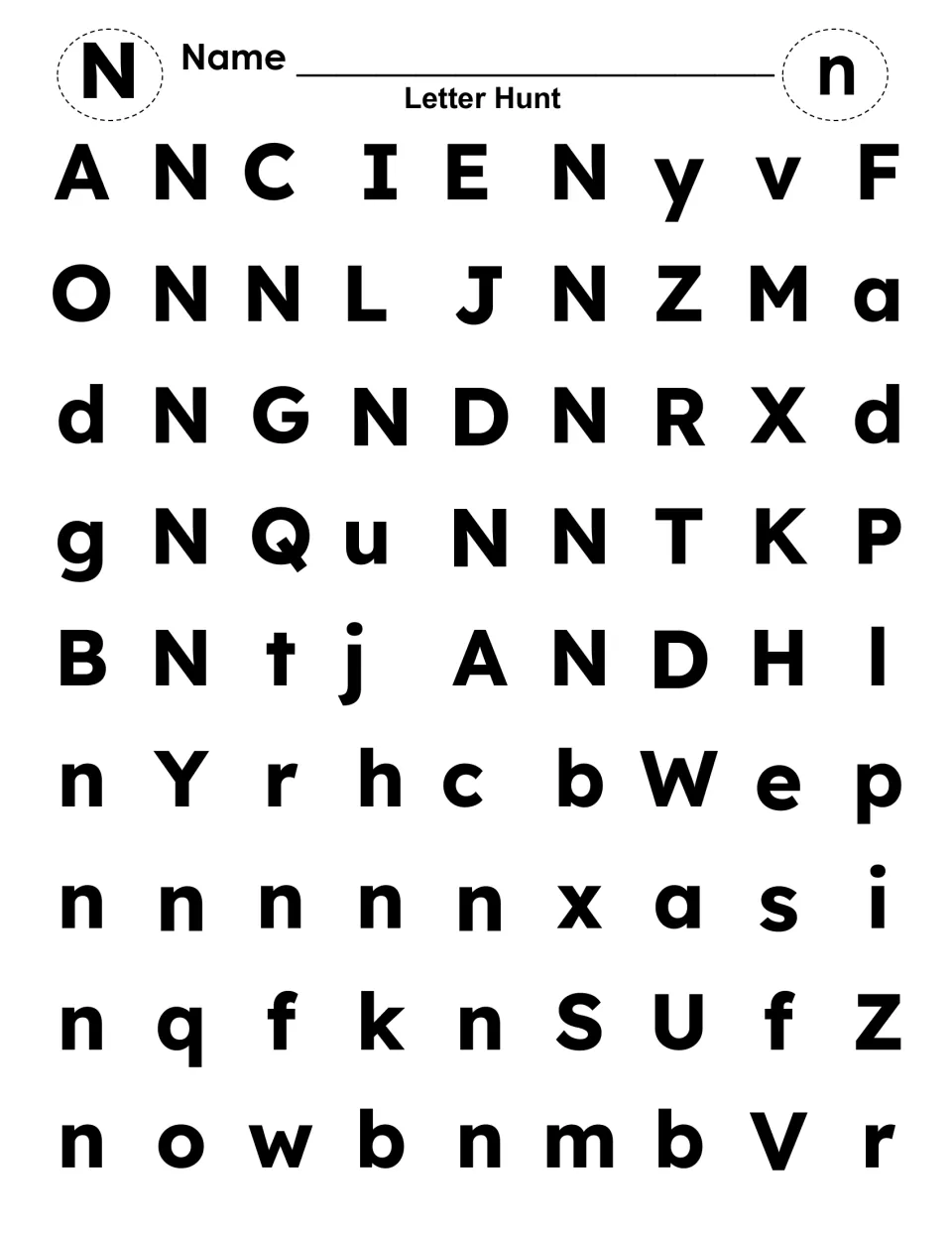 Letter recognition hunt for N and n: students find and color each capital N and lowercase n hidden among mixed letters