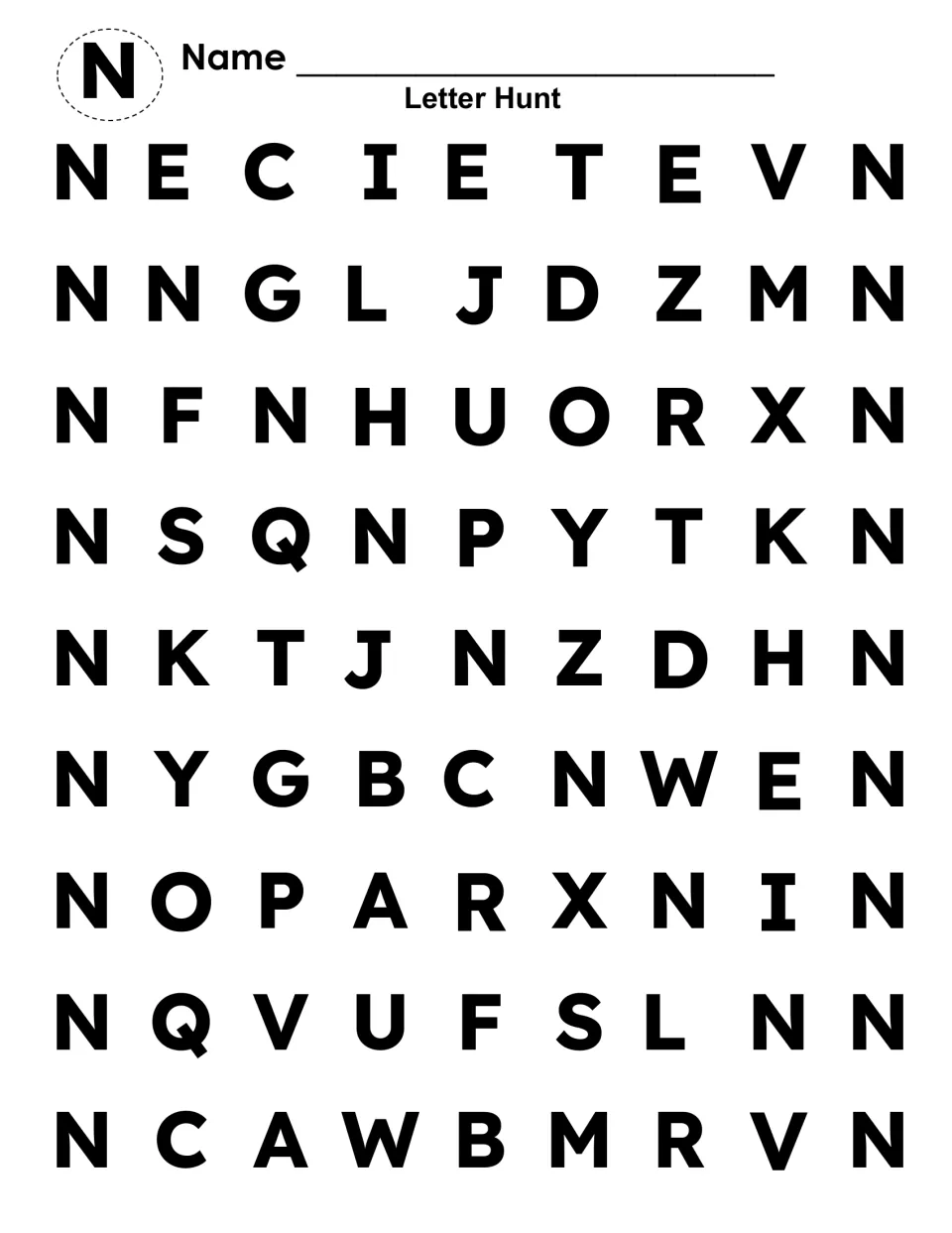 Capital N letter hunt: students find and dab each uppercase N among other capital letters to reveal a large N shape
