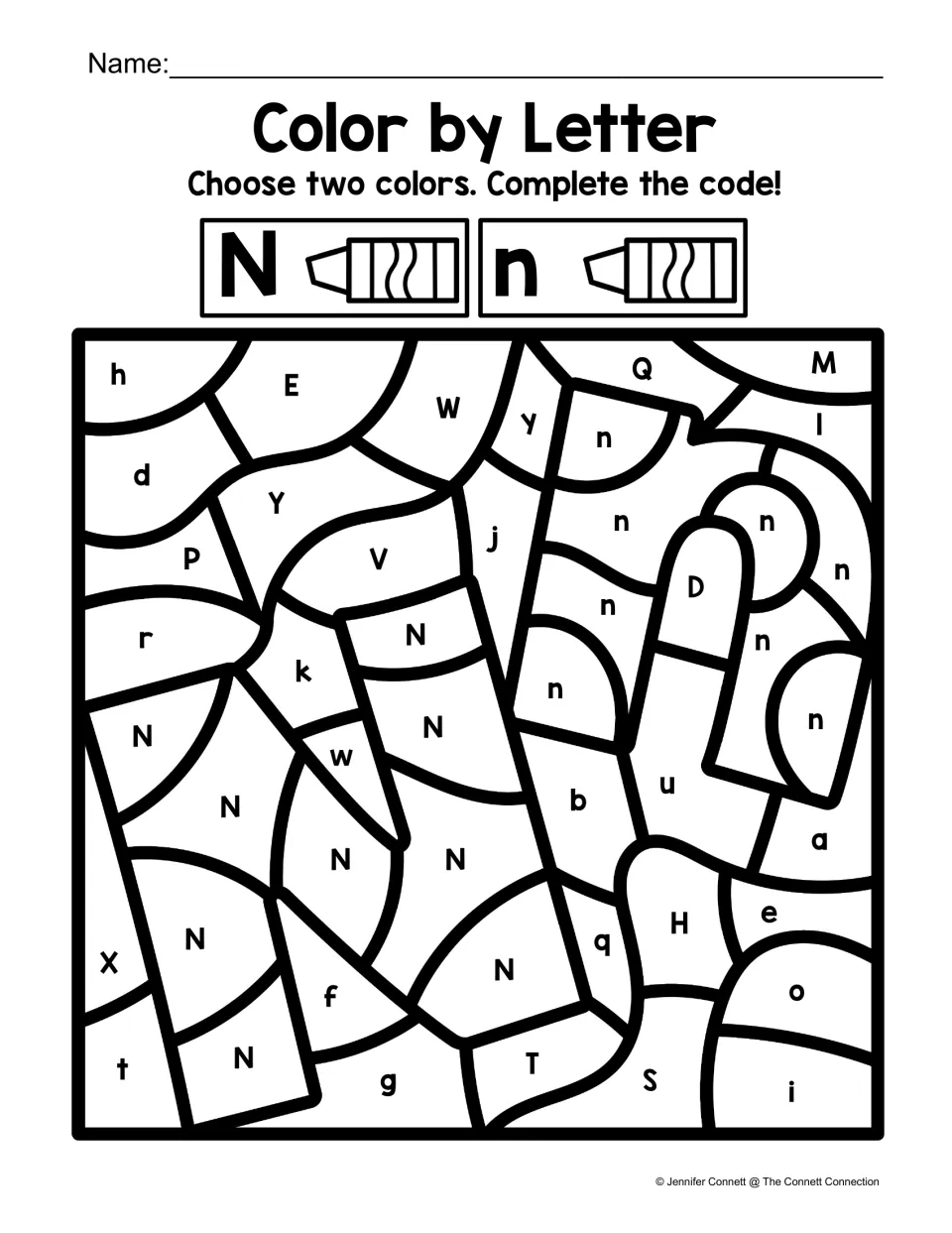 Color by Letter: students pick one color for uppercase N and one for lowercase n, then color each space in that color