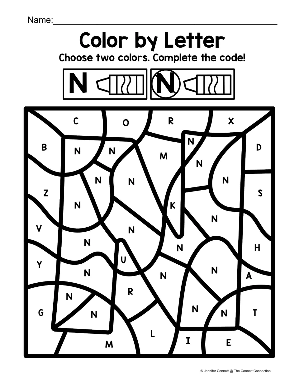 Uppercase N recognition: students color every N space one color and all other capital letters a second color