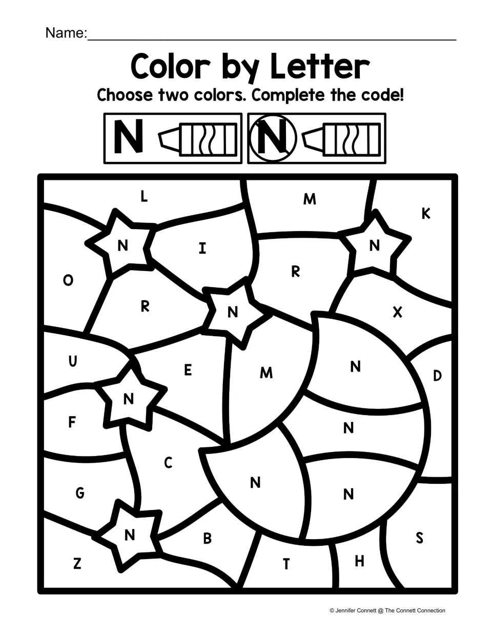Finding capital N: students color N spaces in stars and a moon one color and the other capital letters another color