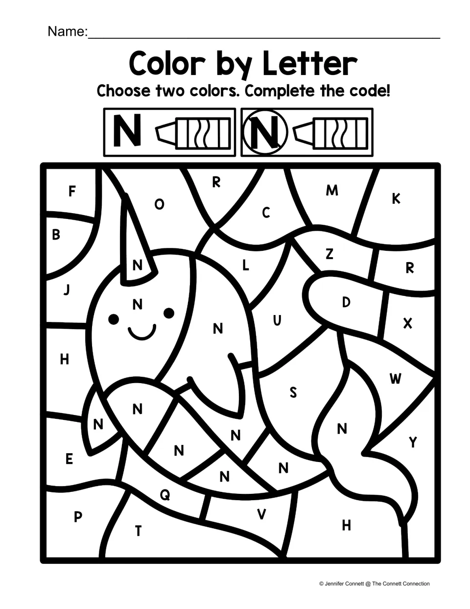 Capital N sort by color: N spaces form a smiling narwhal; students color other capital letters in a second color