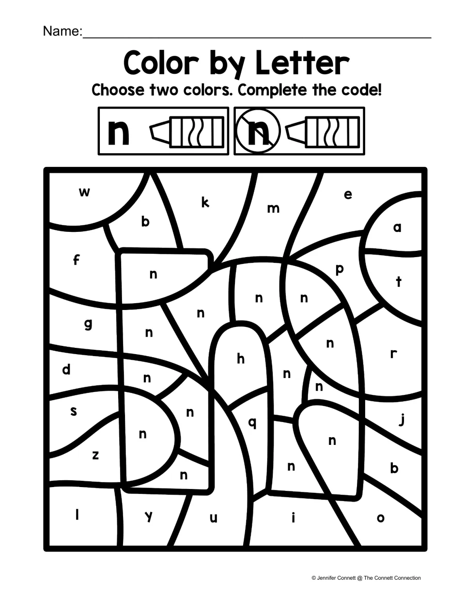Lowercase n recognition: students color n spaces one color and every other lowercase letter a second color