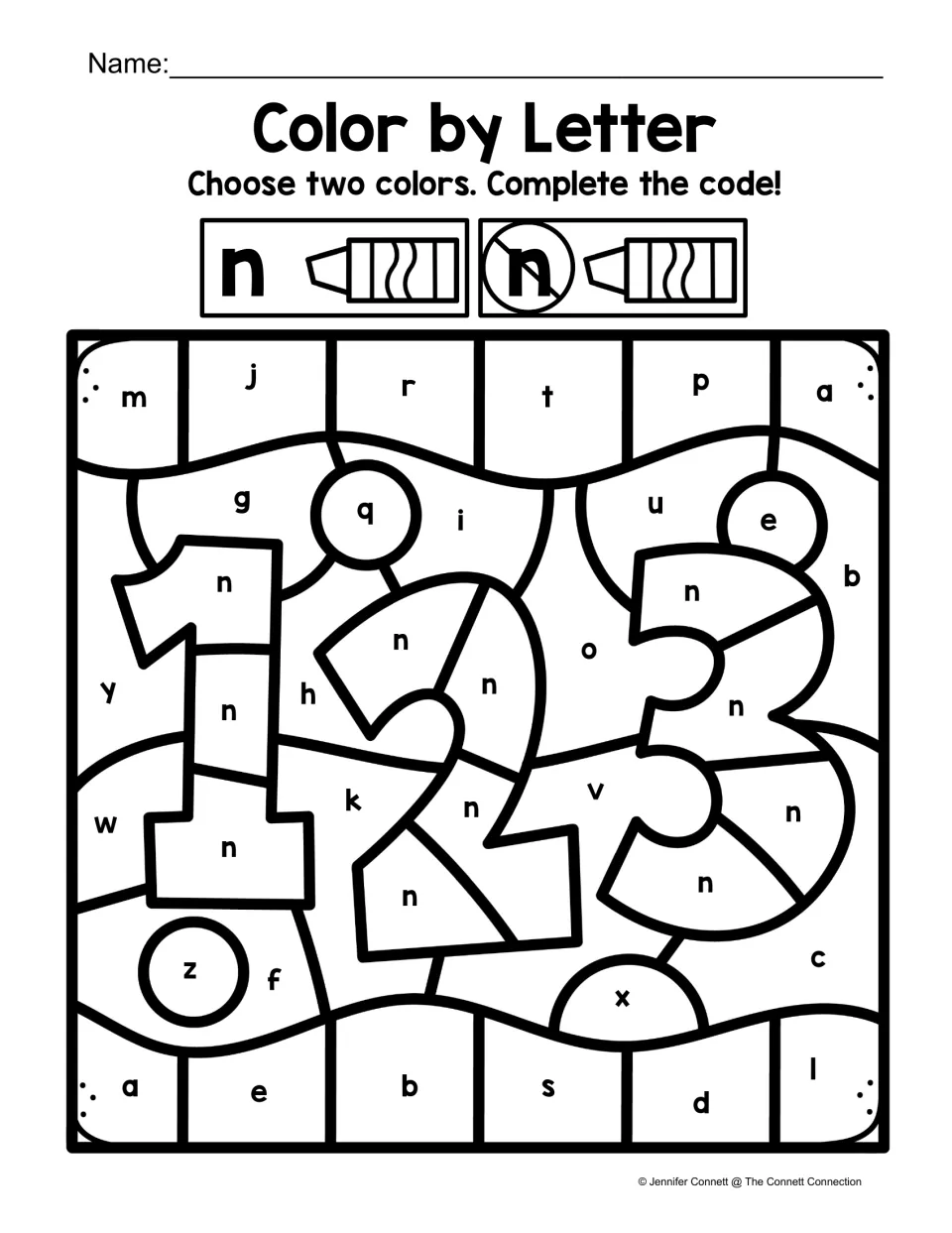 Lowercase n hunt: n spaces sit inside large numbers 1, 2 and 3; students color other lowercase letters a second color