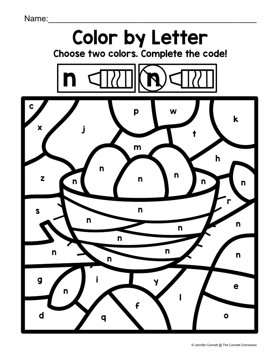 Lowercase n coloring: n spaces fill a nest with three eggs; students color the other lowercase letters another color