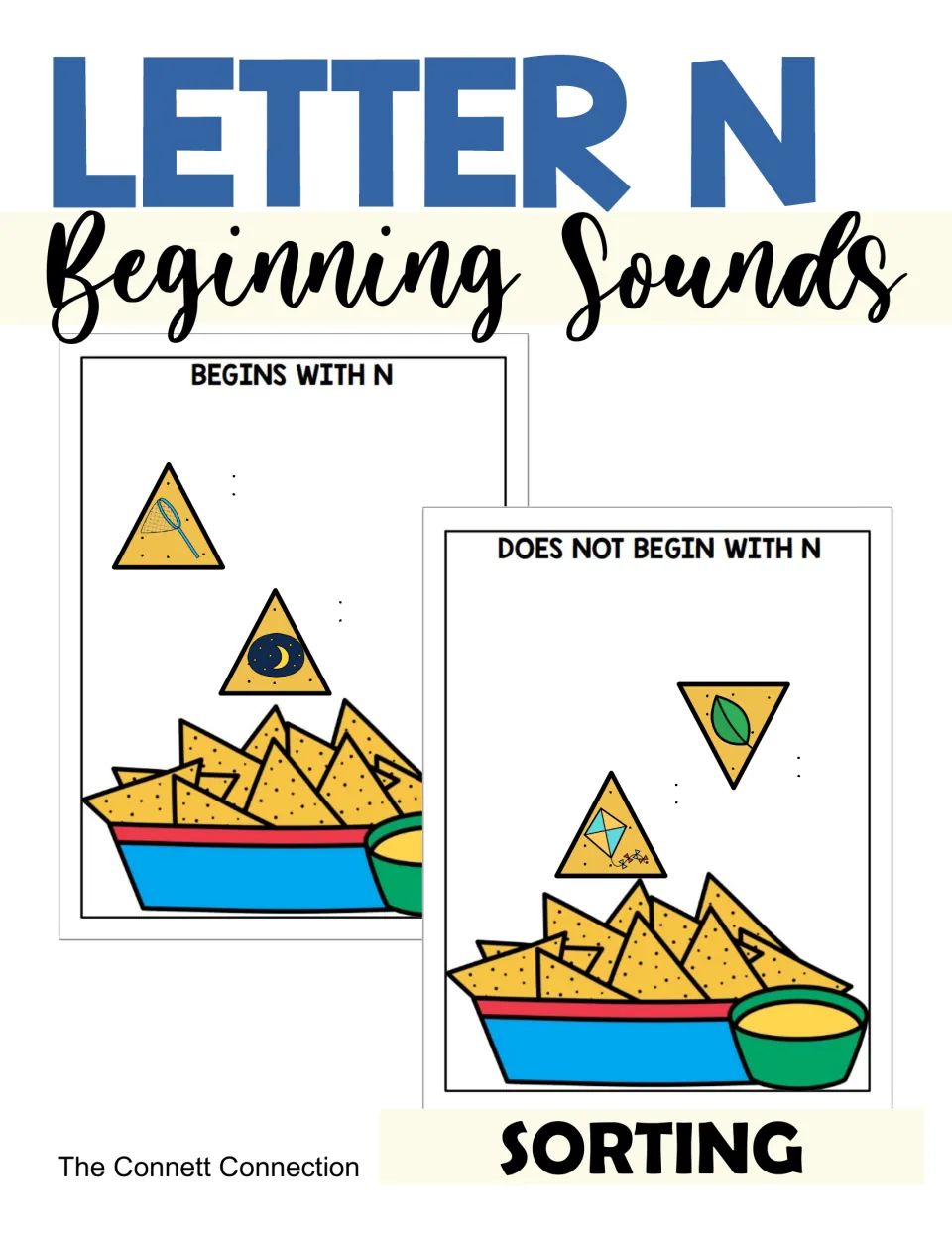 Letter N Beginning Sounds sorting cover showing picture chips sorted onto Begins With N and Does Not Begin With N mats