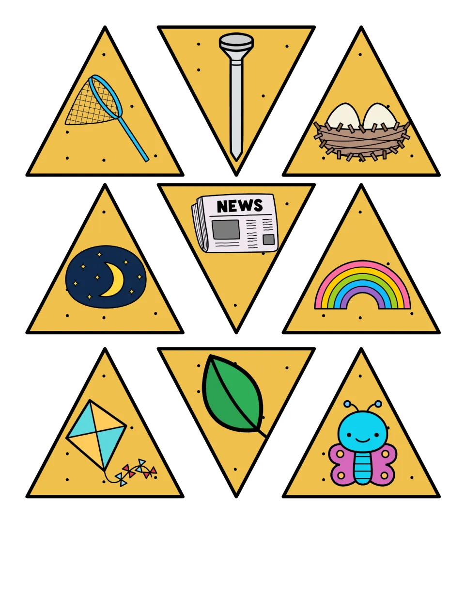 Nine tortilla chip picture cards to cut out: net, nail, nest, night, newspaper, rainbow, kite, leaf and butterfly