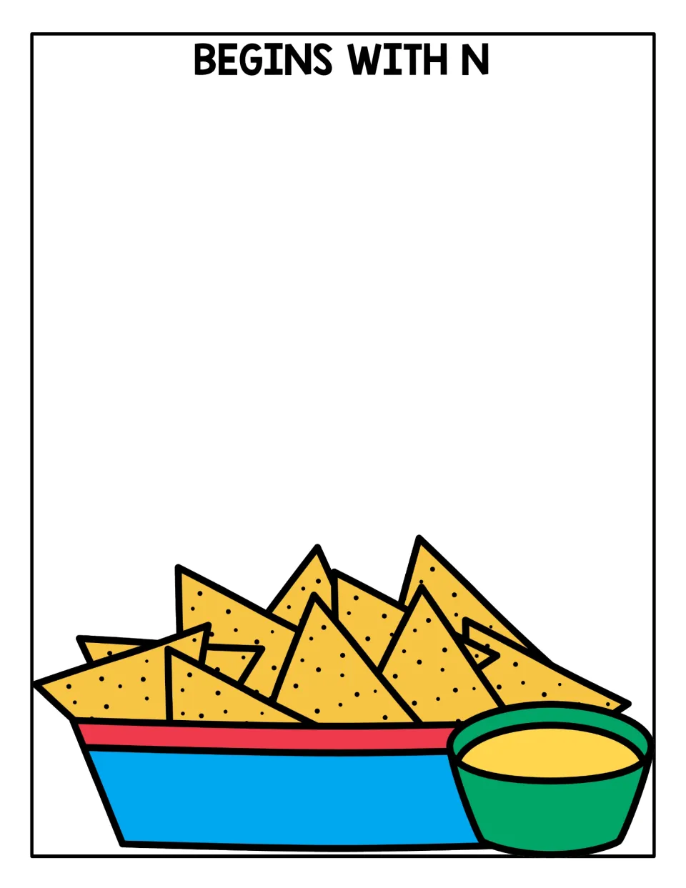Begins With N sorting mat: students place picture chips whose names start with the /n/ sound above a bowl of nachos