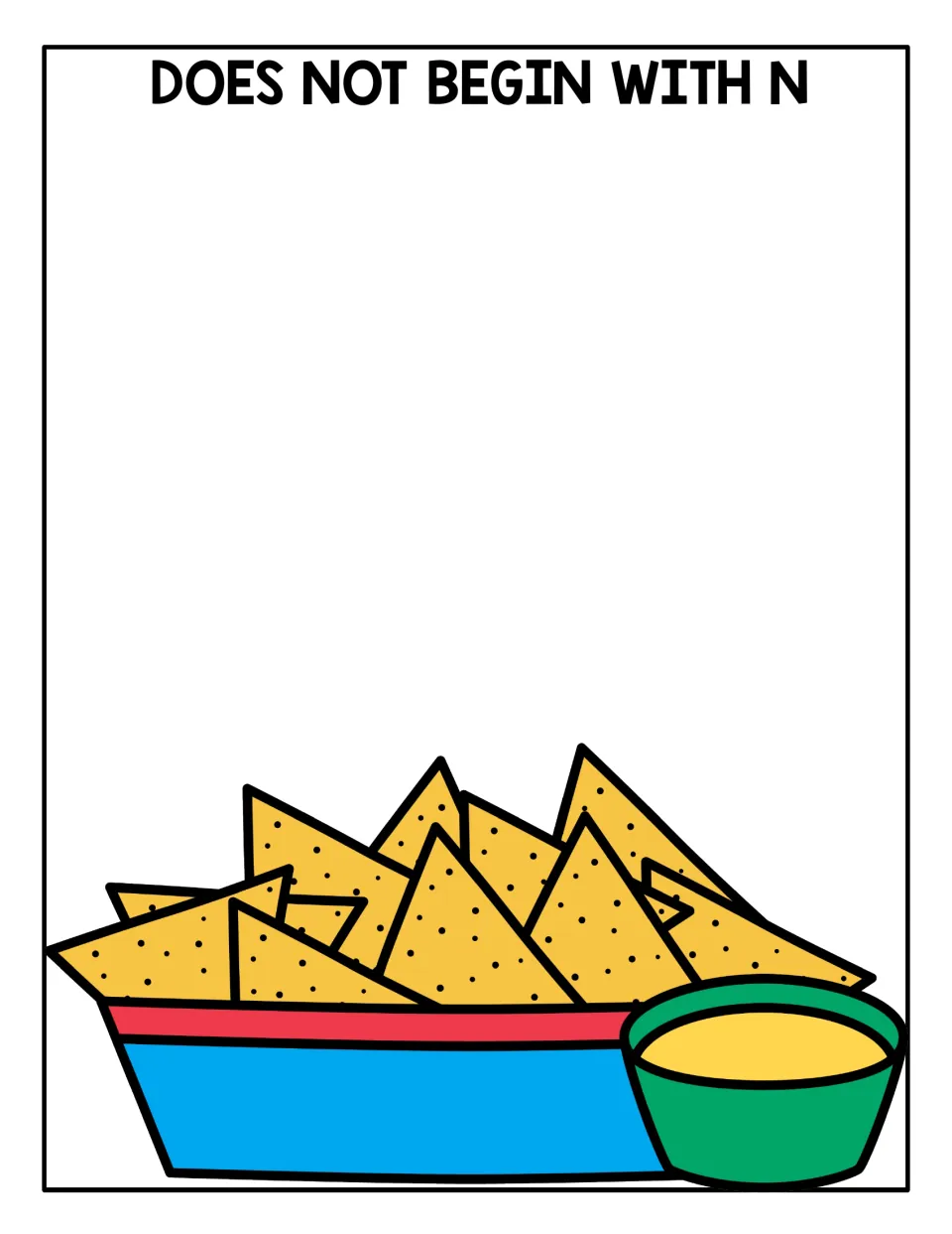 Does Not Begin With N sorting mat: students place picture chips that start with other sounds above a bowl of nachos