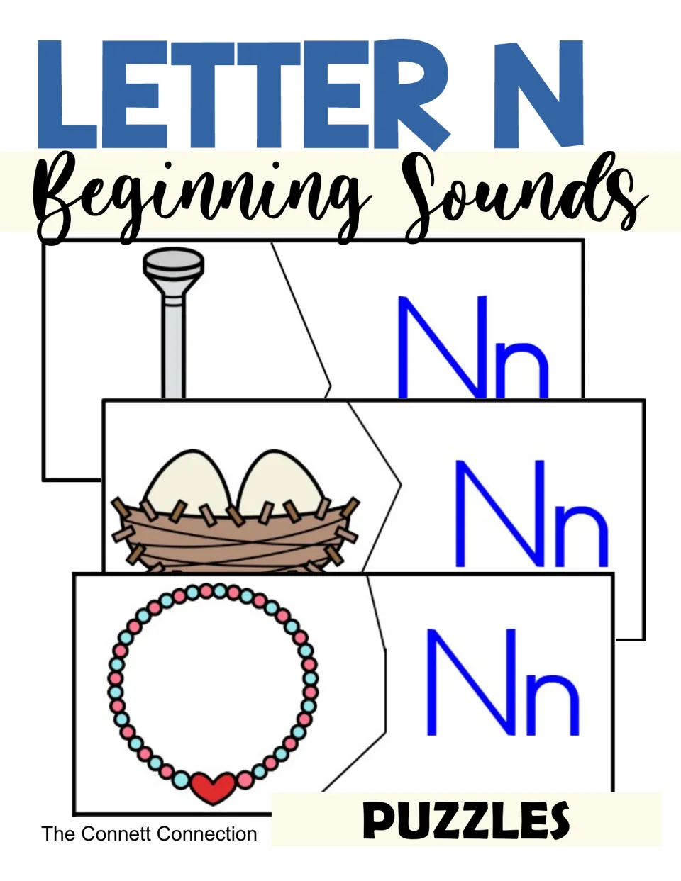 Cover of Letter N Beginning Sounds Puzzles: nail, nest and necklace picture pieces each joined to an Nn letter piece