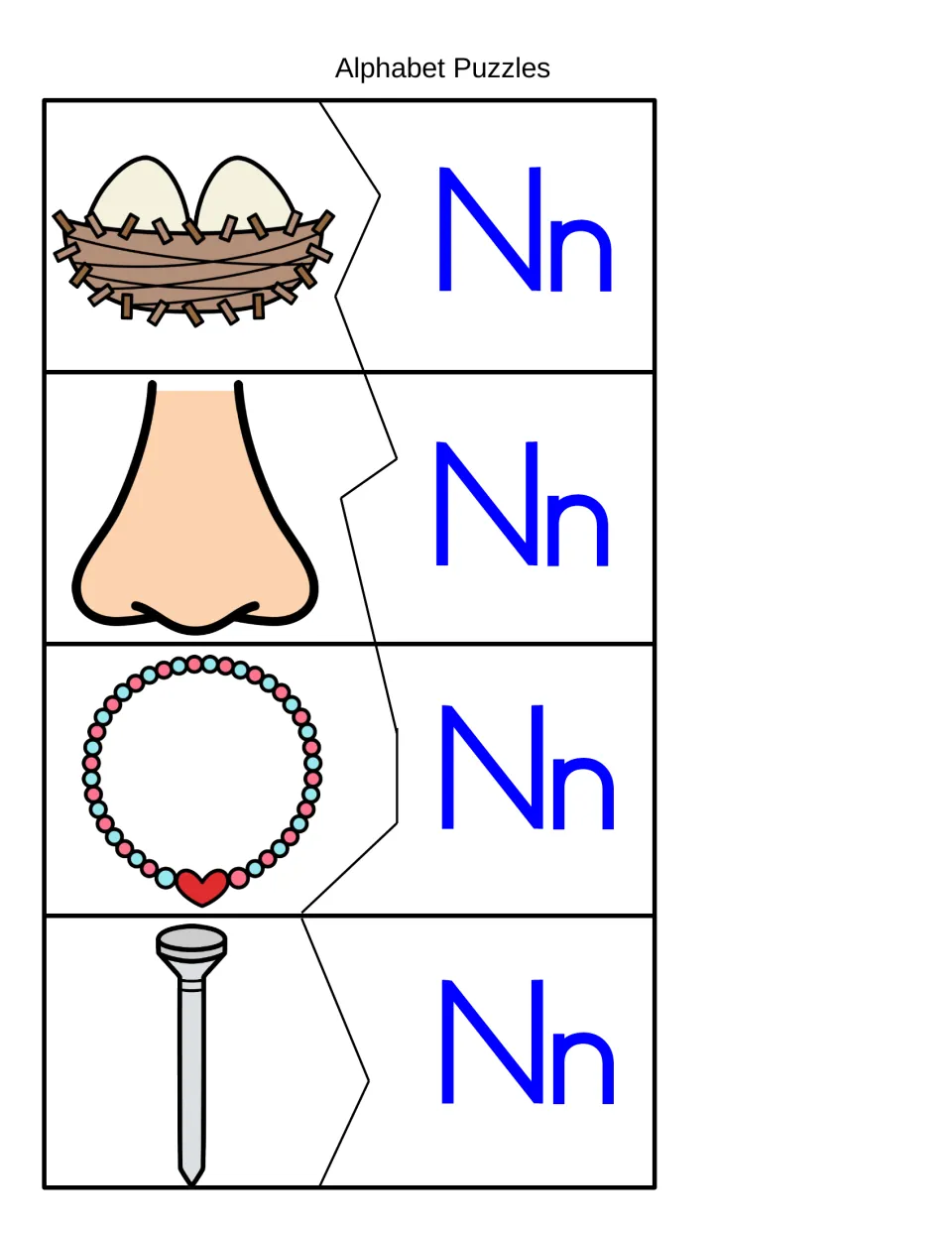 Two-piece cut-out puzzles: students match nest, nose, necklace and nail pictures to an Nn letter piece by beginning sound