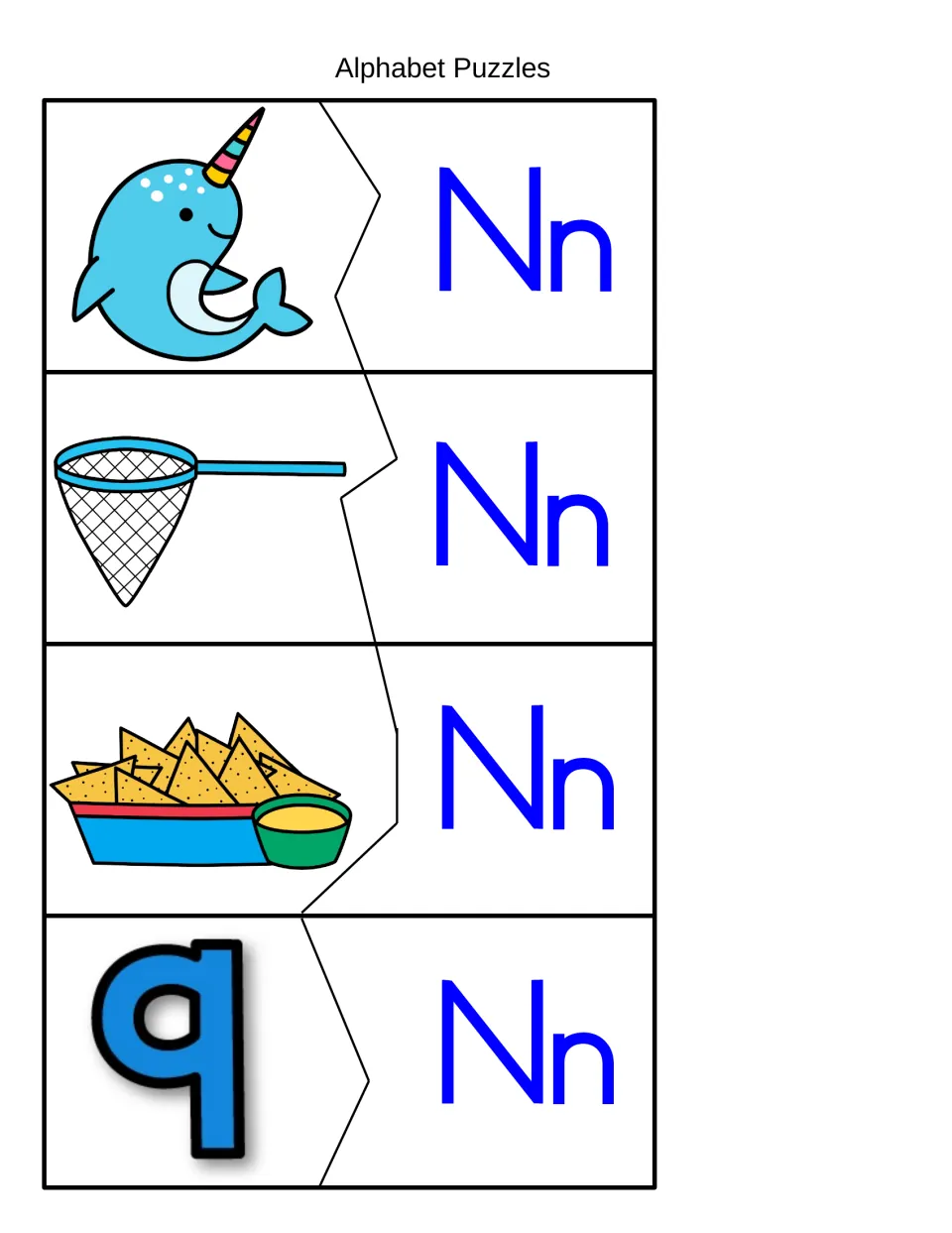 Beginning sound puzzles: students join narwhal, net, nachos and number nine picture pieces to matching Nn letter pieces