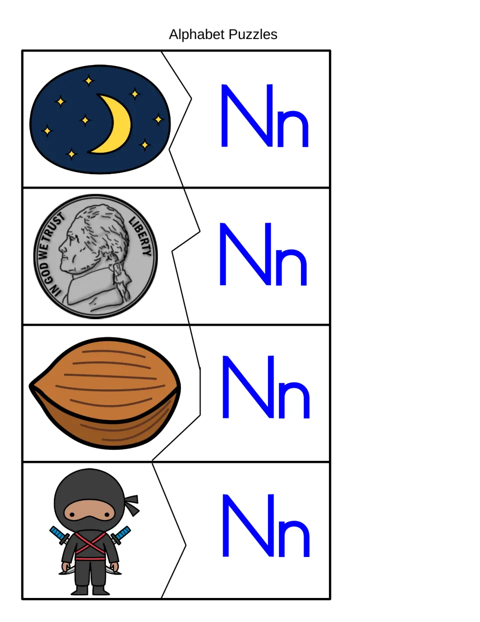 Initial N sound cut-out puzzles: students fit night sky, nickel, nut and ninja picture pieces to the Nn letter pieces