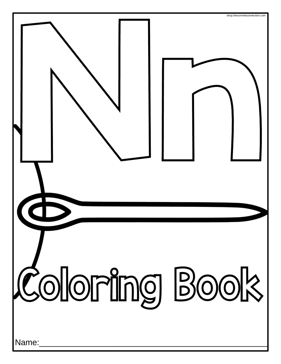 Cover of the letter N coloring book: uppercase N, lowercase n, a needle and thread, and a Name field.