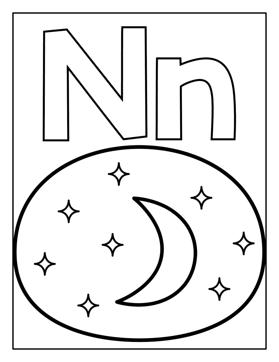 Letter N coloring book's single-picture page: uppercase N and lowercase n above a night sky to color.