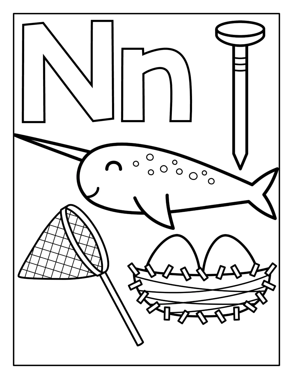 Letter N coloring book's multiple-picture page: uppercase N, lowercase n, a nail, narwhal, net, and nest.