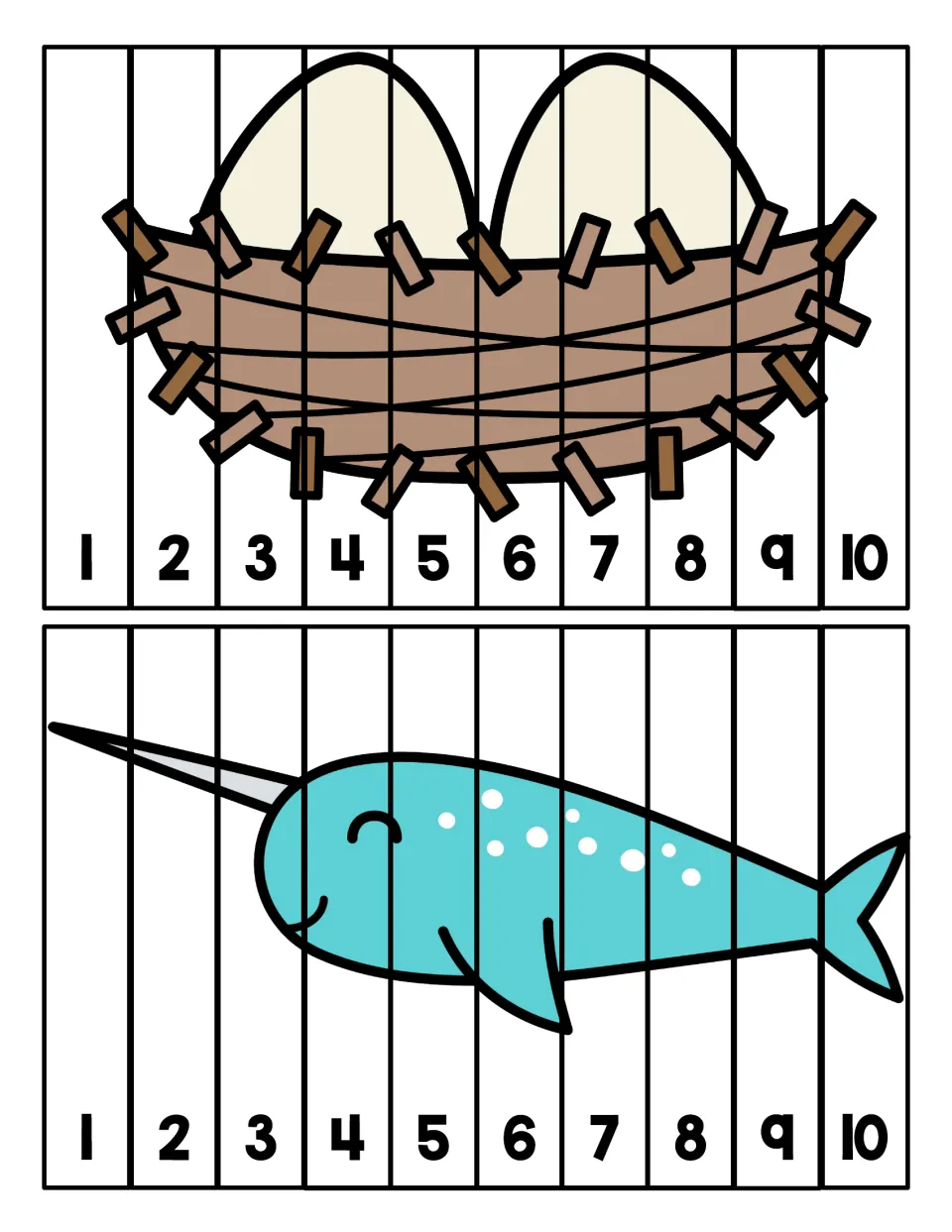 Nest with two eggs and a narwhal: students cut apart strips numbered 1 to 10 and order them to rebuild each picture