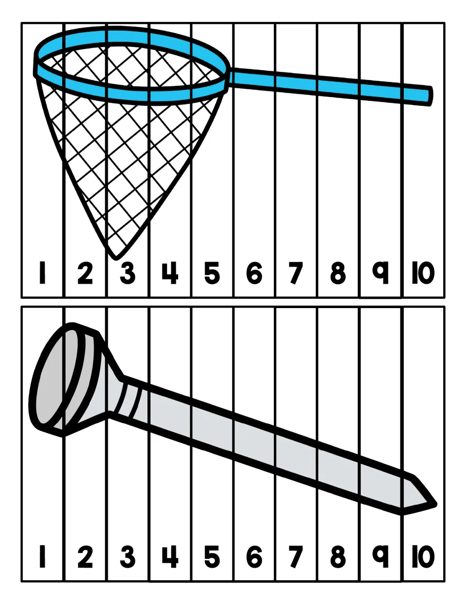 Net and nail puzzles: students cut strips labeled 1 to 10 and put the numbers in order to complete each picture