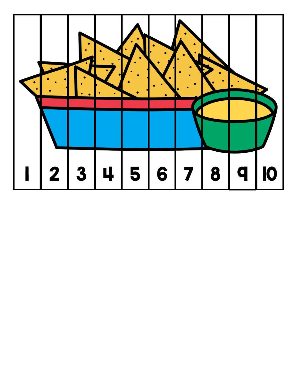 Nachos puzzle: students cut apart 10 numbered strips of a chip tray with dip and arrange them from 1 to 10