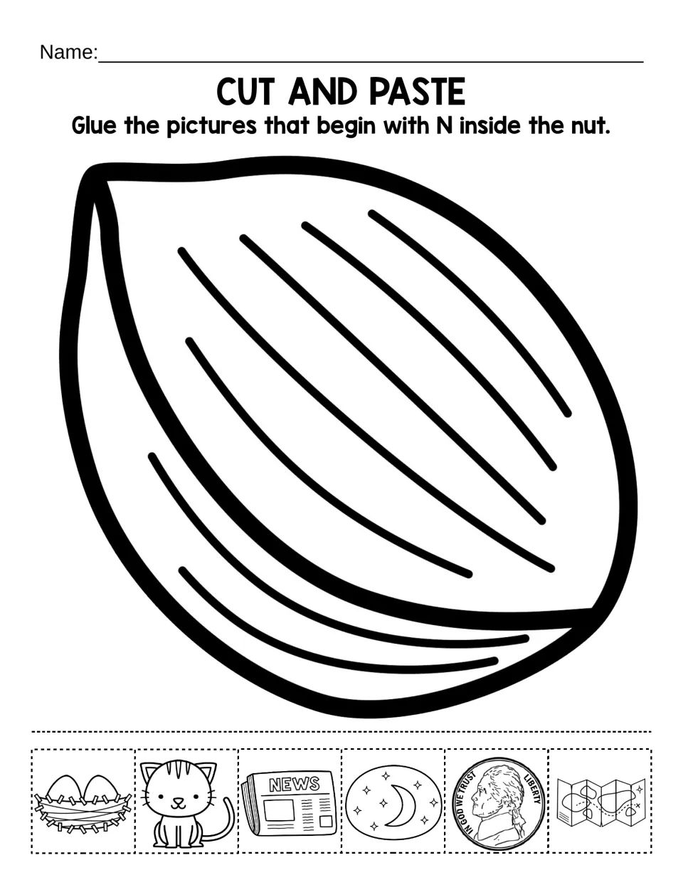 Letter N beginning sounds: students cut out pictures like nest, newspaper, nickel and cat, and glue the N words in a nut