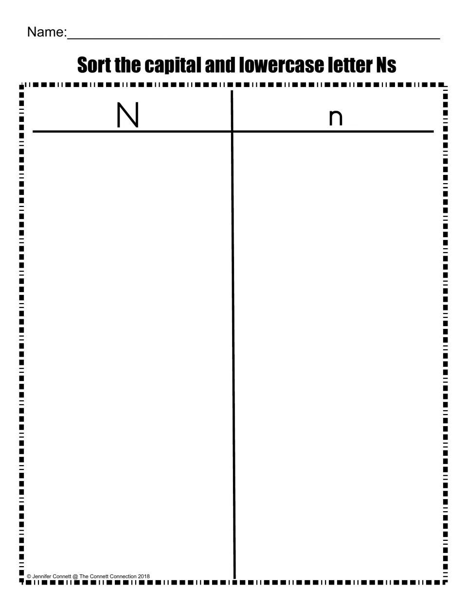 Capital and lowercase N sort: a sorting mat headed N and n where students place each letter under its matching case