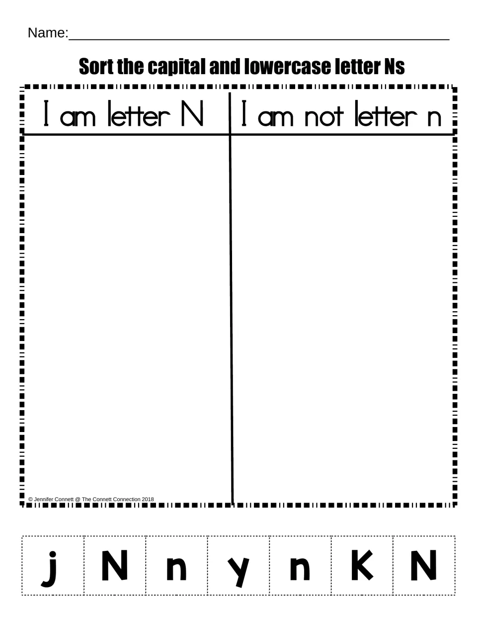 Letter N sort: students cut out j, N, n, y, n, K and N and glue each under 'I am letter N' or 'I am not letter n'
