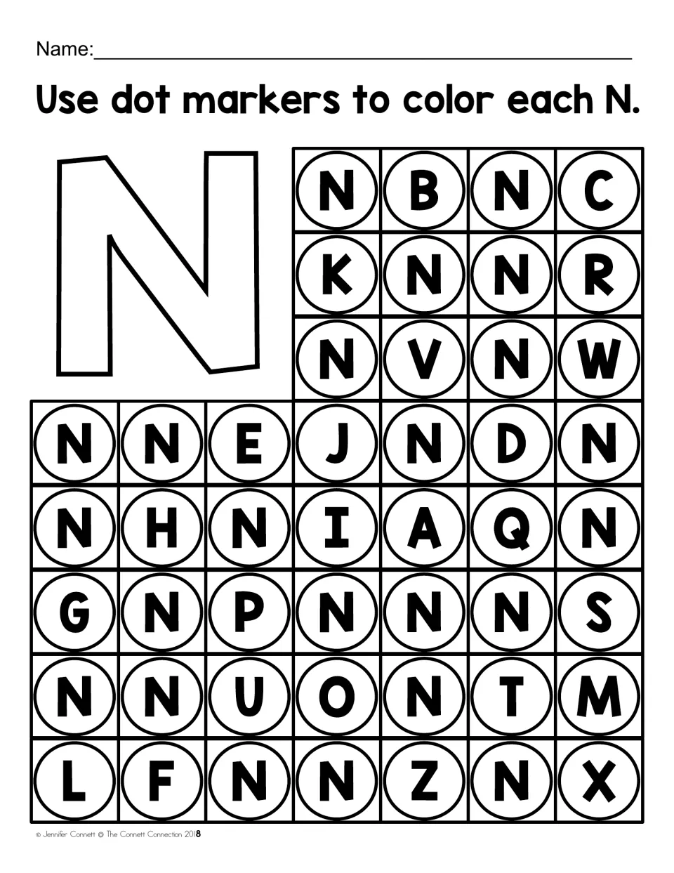 Uppercase N letter recognition: students use dot markers to color every capital N among other capital letters