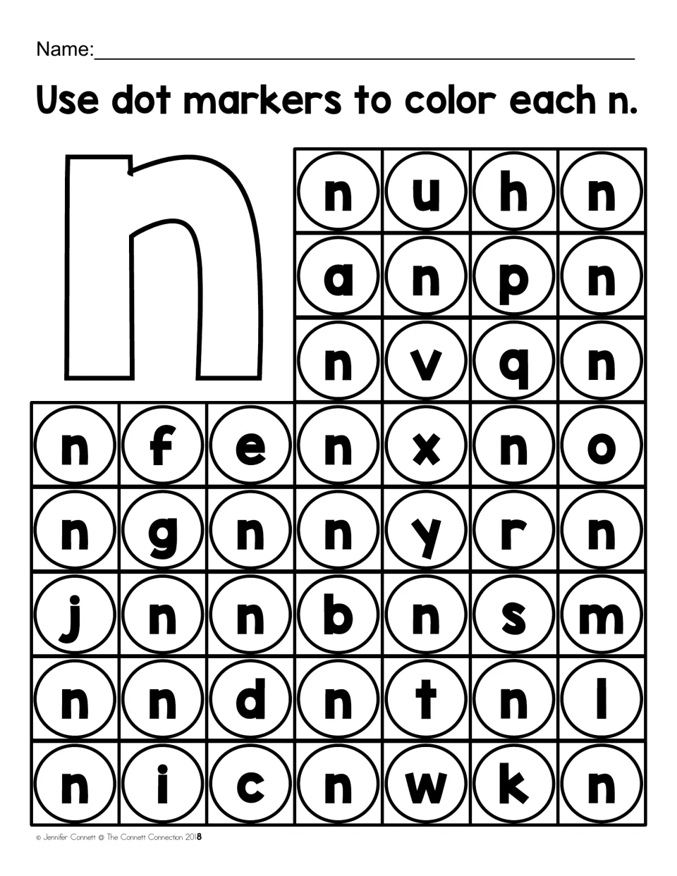 Lowercase n letter recognition: students use dot markers to color every small n among other lowercase letters