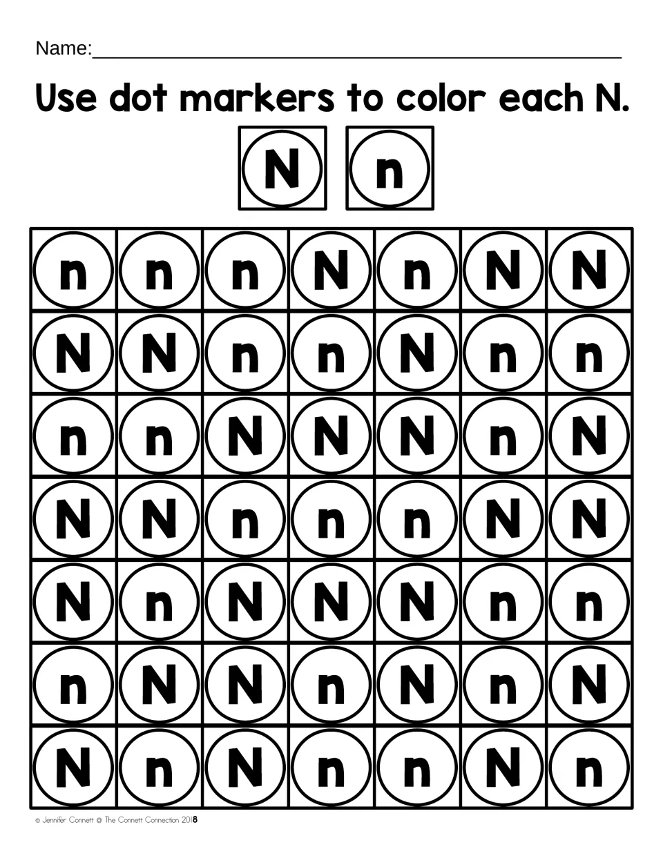 Uppercase N and lowercase n together: students dot-mark every N and n among the mixed circled letters