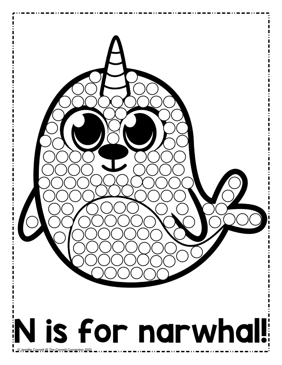 N is for narwhal: students dab a dot marker on each circle of a smiling narwhal to link the letter N to its sound