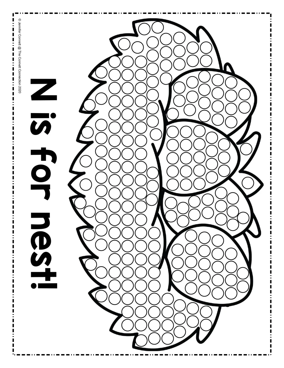 N is for nest: students dot-paint the circles on a bird's nest holding four eggs, connecting the word nest to N