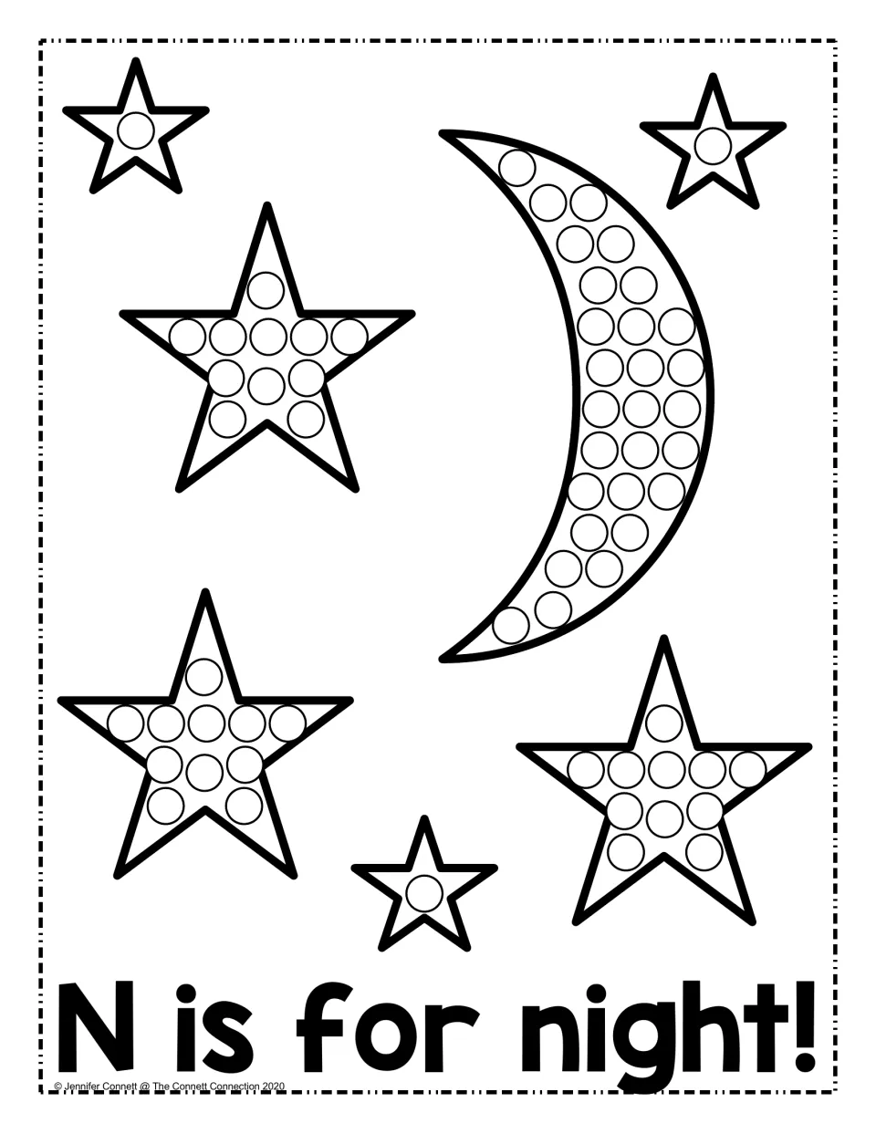N is for night: students dot-paint a crescent moon and six stars, practising the N sound in the word night
