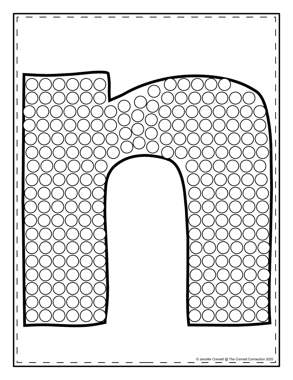 Lowercase n filled with dots: students dot-paint every circle to follow the hump shape of the small letter n