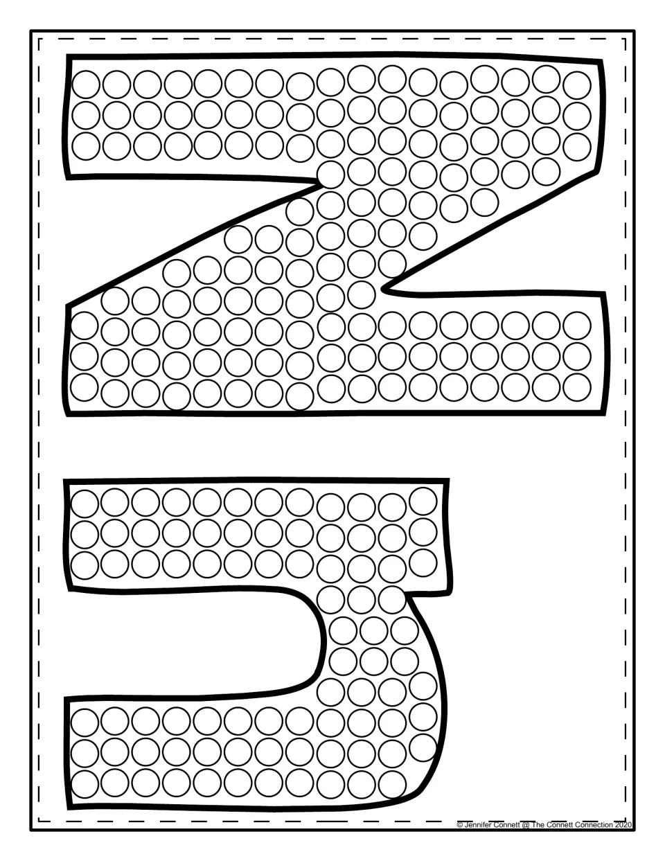 Two sideways letter shapes, uppercase N and lowercase n, filled with circles for students to dot-paint