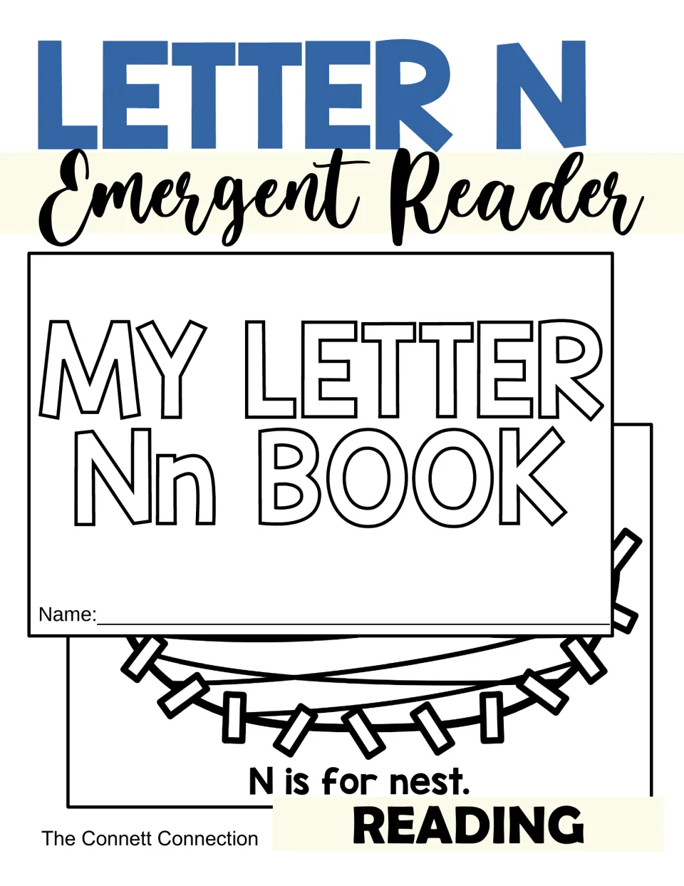 Letter N Emergent Reader resource cover showing the booklet title, 'My Letter Nn Book,' and a nest sample