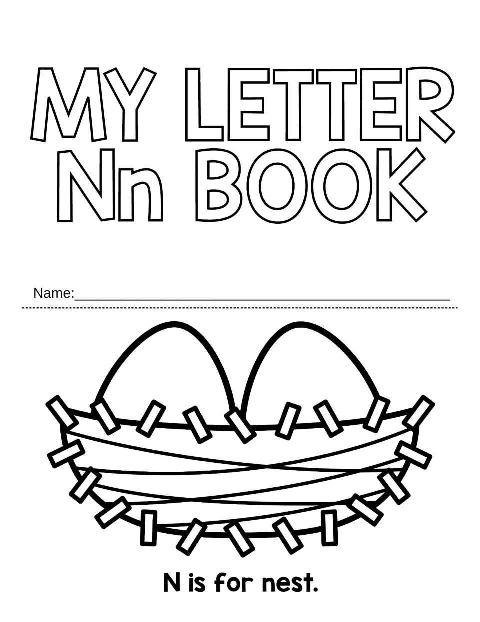Booklet cover titled 'My Letter Nn Book' and first reading page showing a nest with 'N is for nest.'