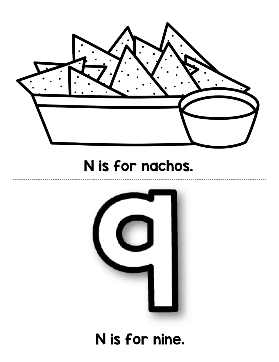 Two booklet reading pages show nachos and the numeral 9 with 'N is for nachos.' and 'N is for nine.'