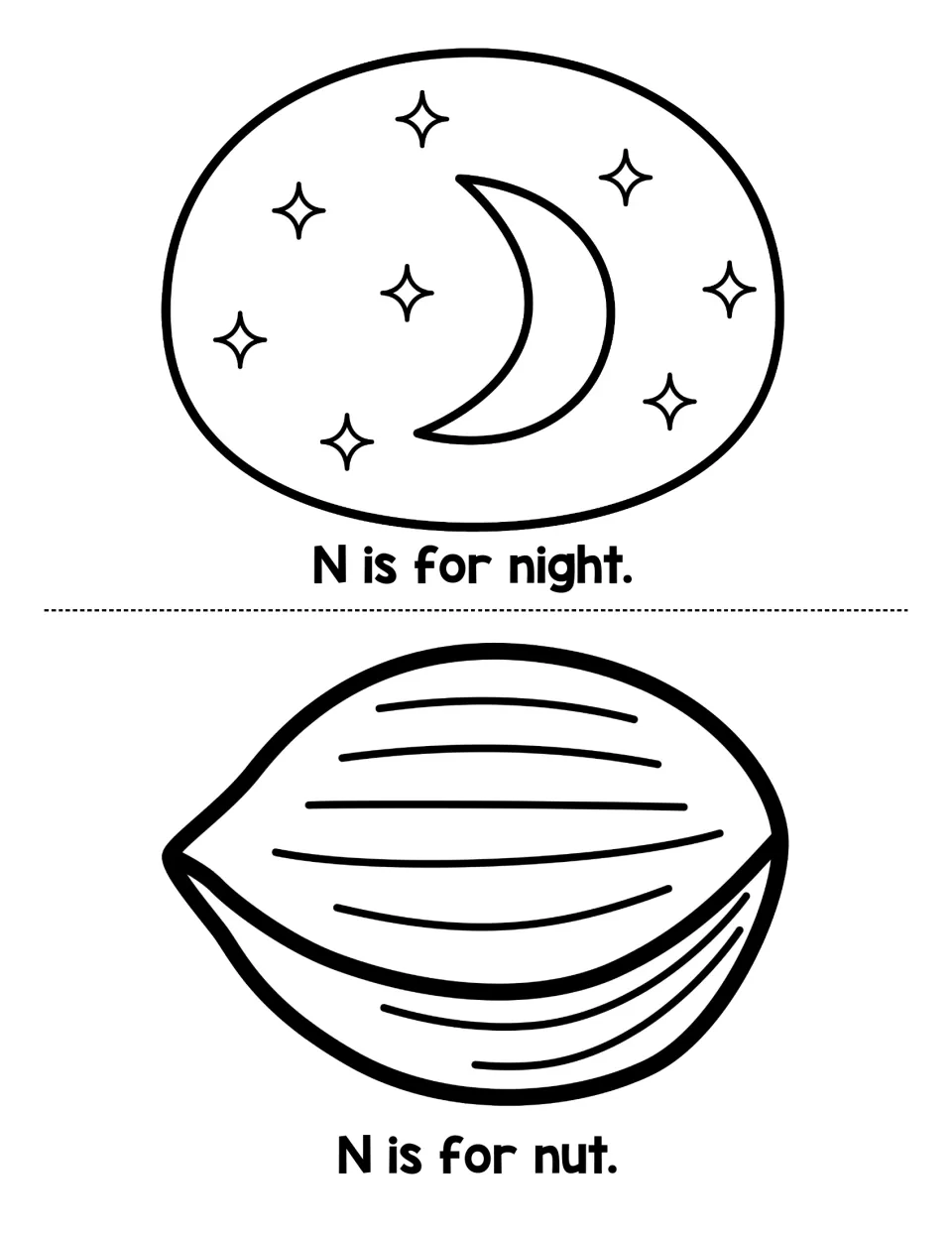 Two booklet reading pages show a night sky and a nut with 'N is for night.' and 'N is for nut.'
