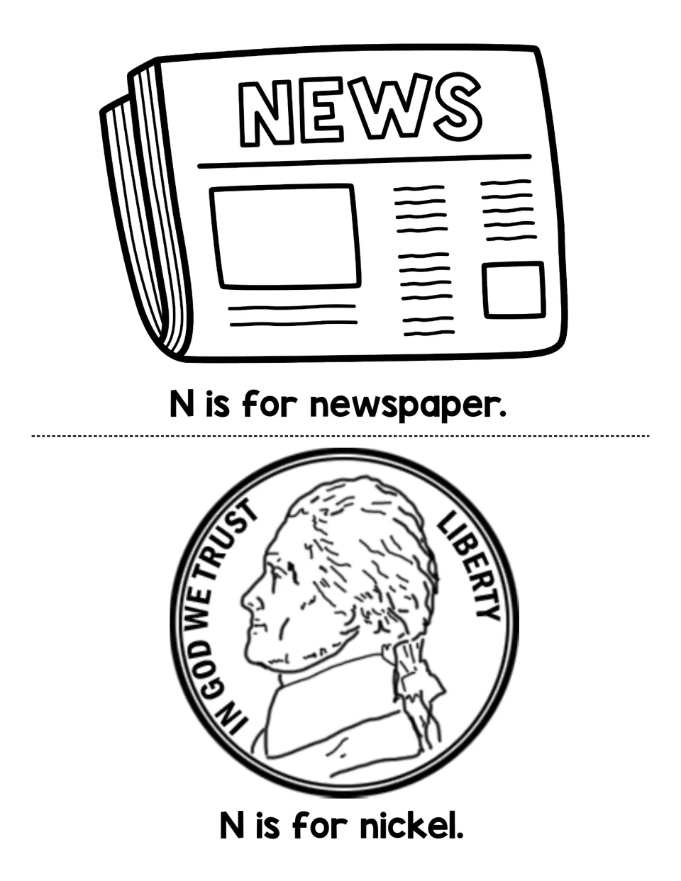 Two booklet reading pages show a newspaper and nickel with 'N is for newspaper.' and 'N is for nickel.'