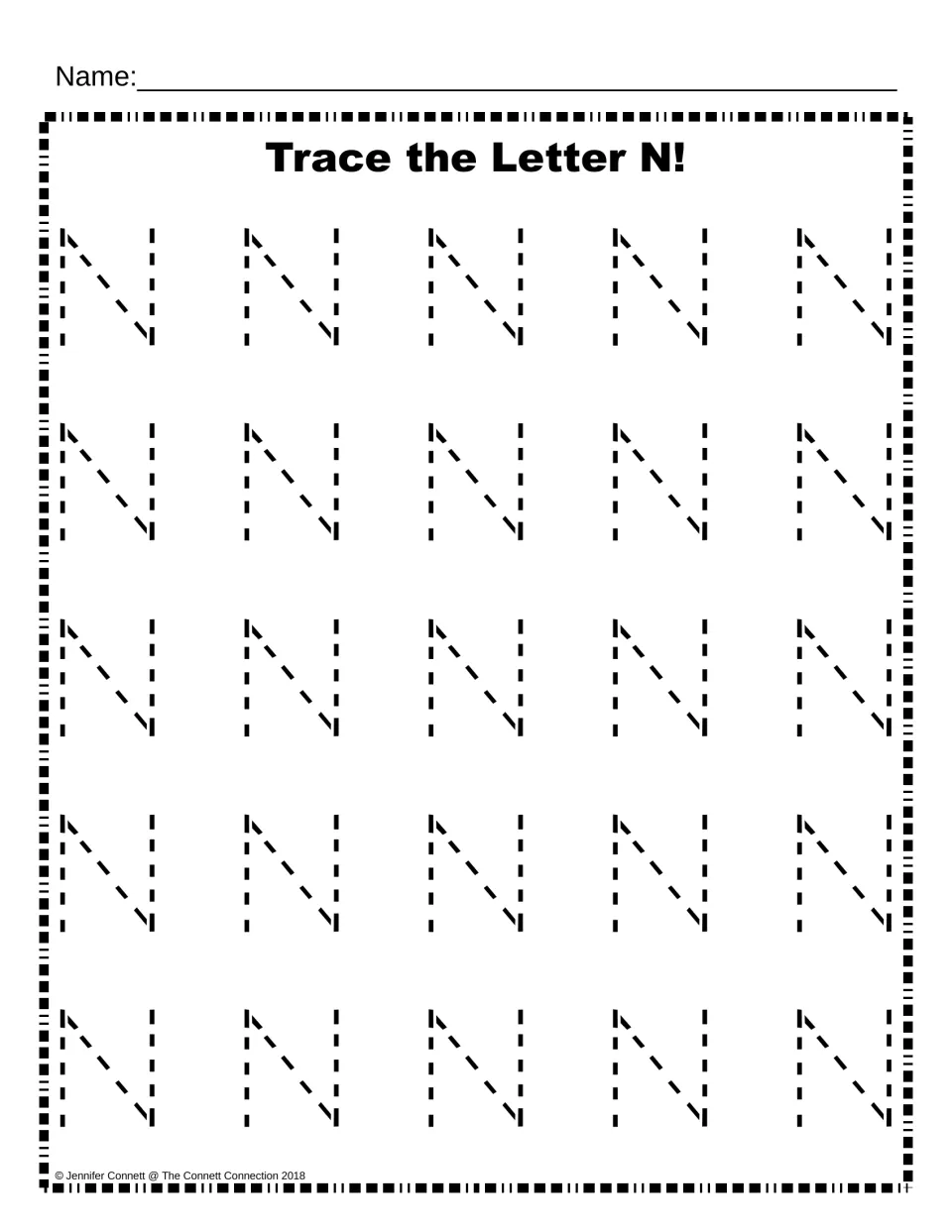 Trace the Letter N: students trace 25 dashed uppercase N letters to practise forming the capital letter N