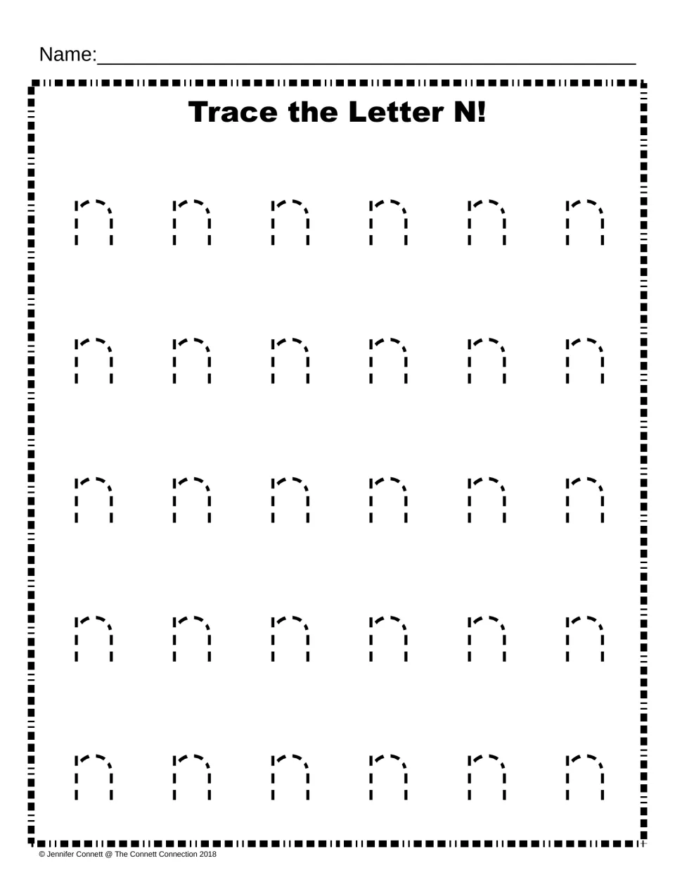 Lowercase n tracing: below the heading Trace the Letter N!, students trace 30 dashed lowercase n letters for formation