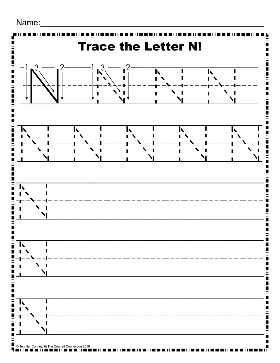 Uppercase N stroke order: numbered arrows model the 3 strokes, then students trace dashed N letters and write their own