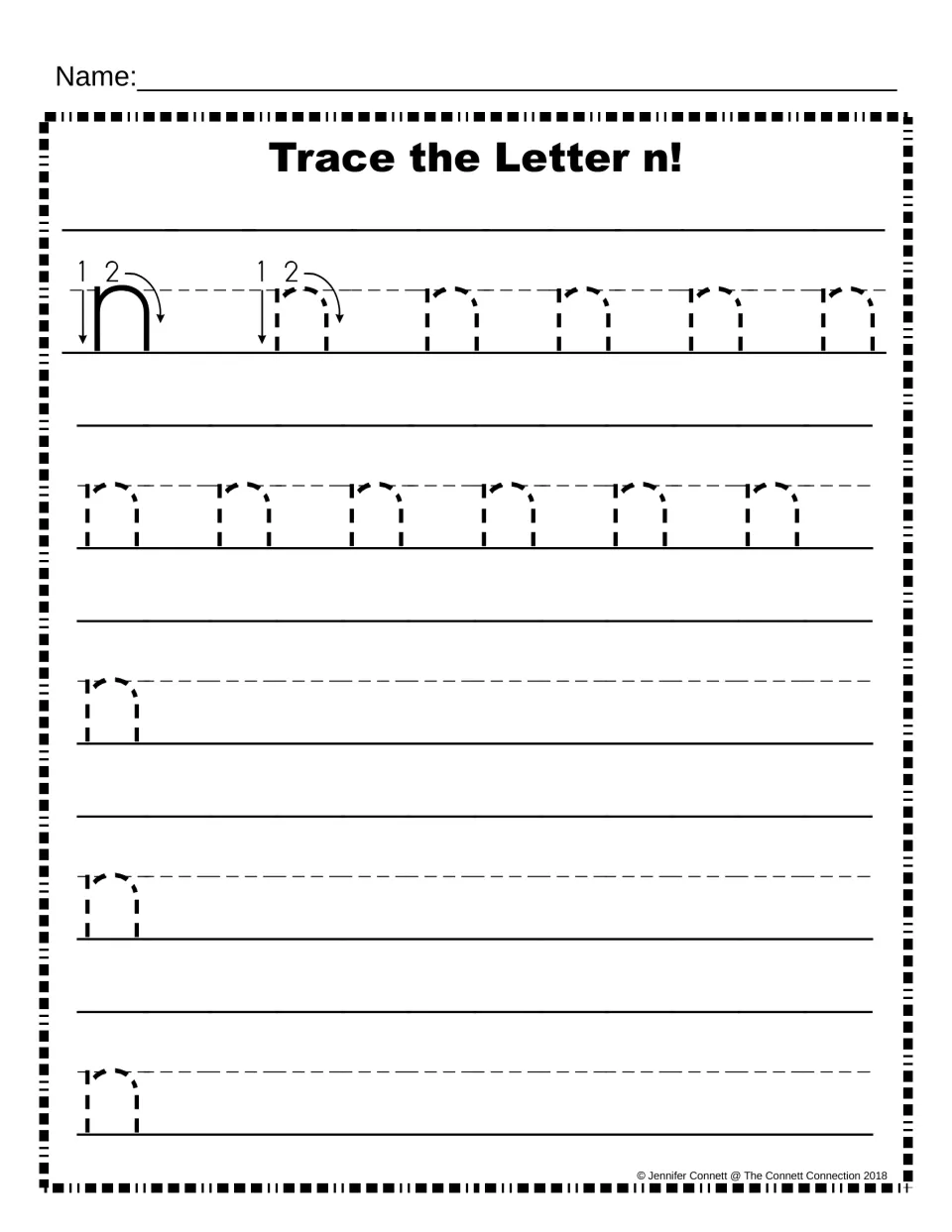 Trace the Letter n: numbered arrows show the 2 strokes of lowercase n, then students trace dashed n letters and write more