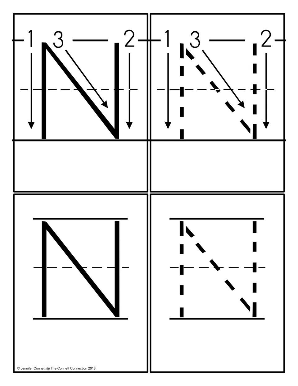 Uppercase N cards: a solid and a dashed N with 1-2-3 stroke arrows, plus a plain solid N and a dashed N to trace